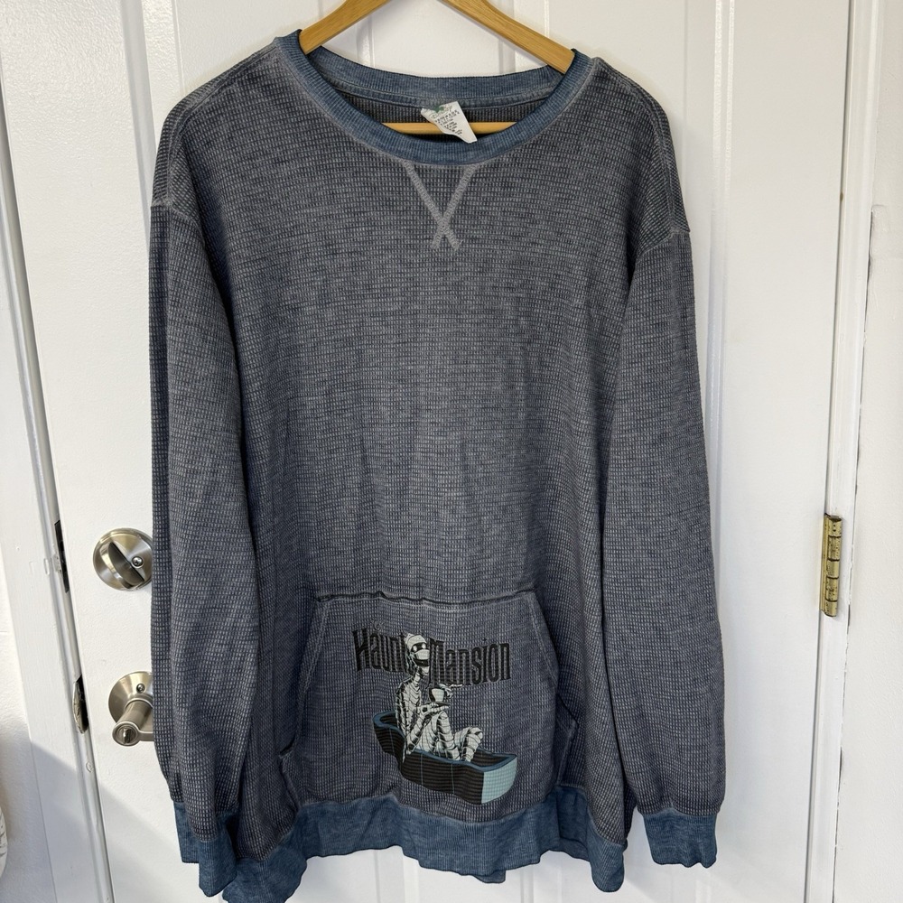 Disney Haunted Mansion Pullover Mens XLarge Blue Waffle Knit Sweater Long Sleeve